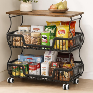 Wooden Top 3-Tier Metal Rolling Kitchen Cart