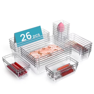 26-Piece Clear Plastic Drawer Organizer Bins