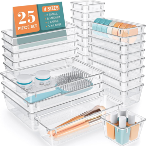 25-Piece Clear Plastic Drawer Organizer Set