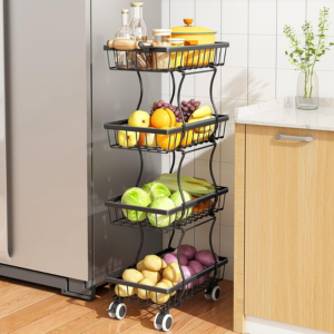 4-Tier Stackable Wire Baskets w/Wheels